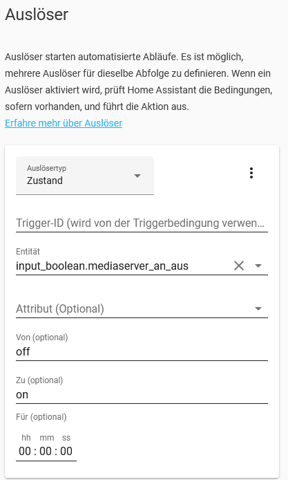 Screenshot des Auslöser in Home Assistant