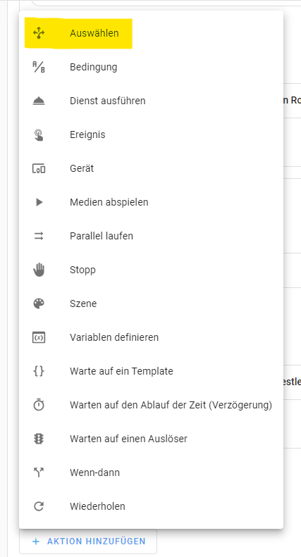 Home Assistant visueller Editor - Aktionen auswählen